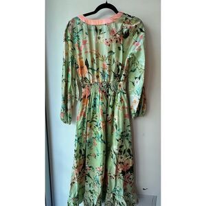 Aratta Floral Midi Dress Green V-Neck Long Sleeve  Casual 1520